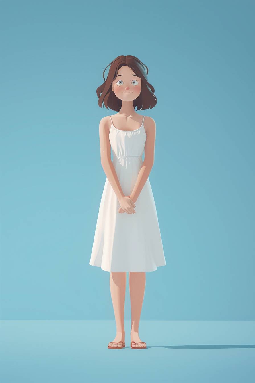 Pixar-style animation of a lovely mom in a simple dress, with middle brown hair, standing with a gentle smile, background, solid sky blue, Full body, facing front, nurturing mother style.