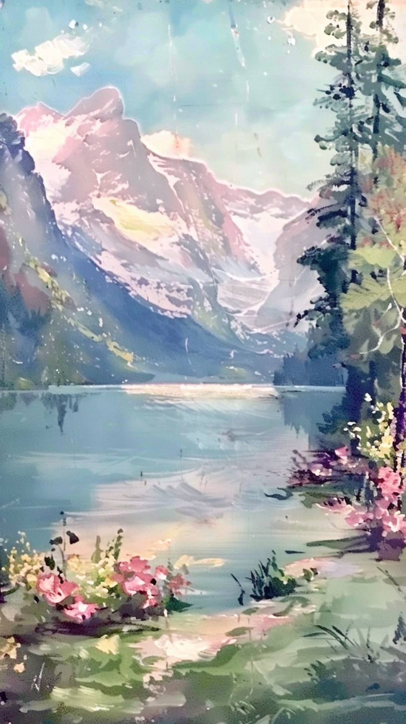 A serene lake surrounded by tall, majestic mountains. The water is calm and reflects the beauty of the surroundings. In the style of a landscape painting.