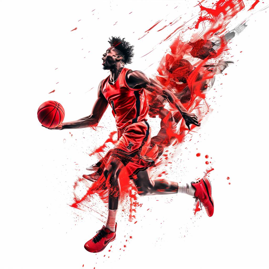 赤いユニフォームを着たプロのバスケットボール選手がホワイトバックグラウンドでボールをダンクするスポーツ写真で、モーションスタイルやフォトショップの効果がダイナミックに表現されています。