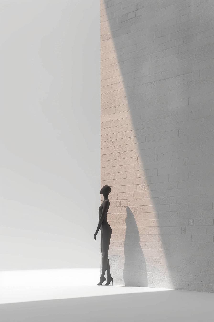 A monochromatic image of a person leaning against a brick wall, with the wall's texture and shadows sharply defined