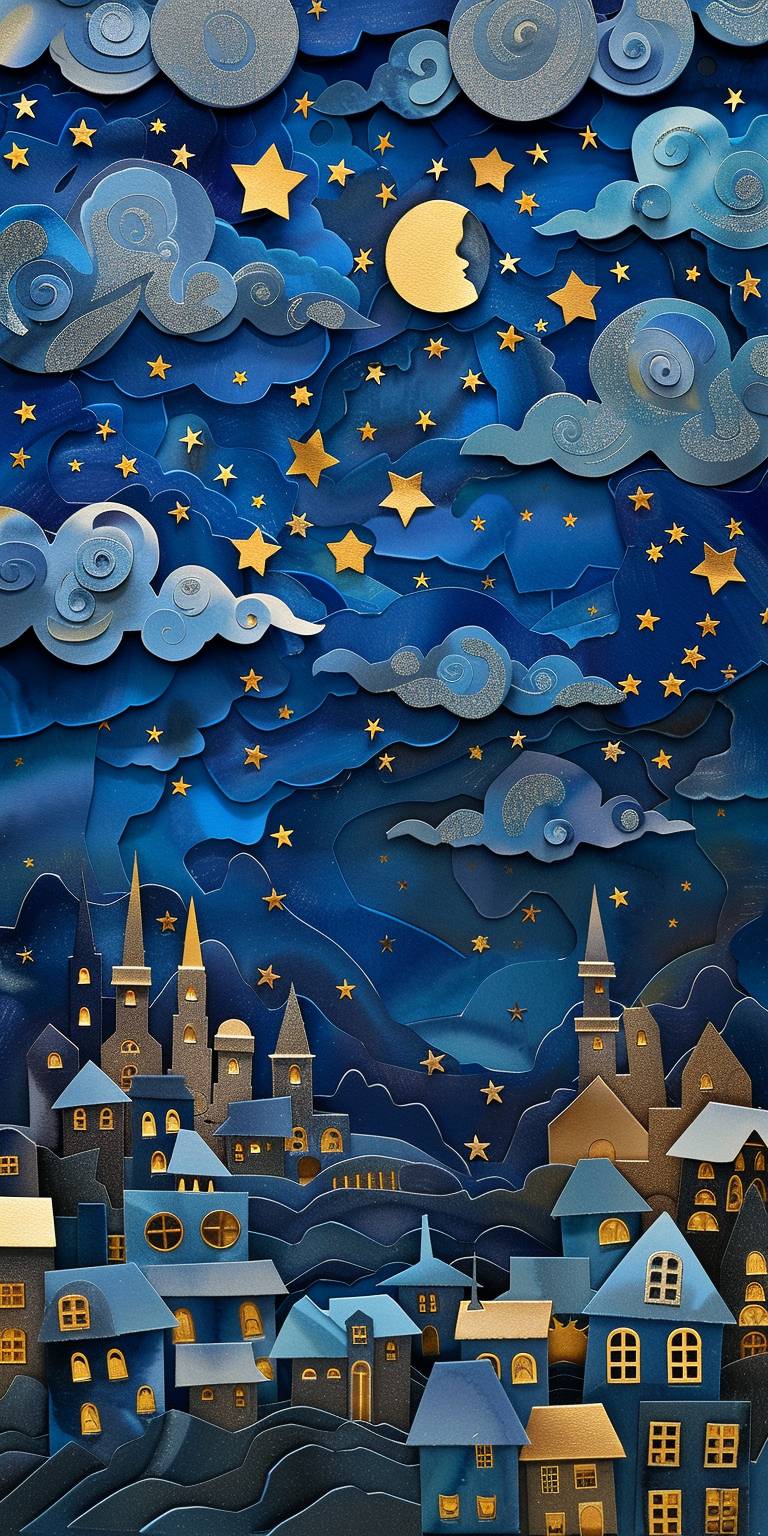 夜の風変わりな街並み、家屋や雲が青と金の色合いで描かれ、星が空に散らばる小さな金の宝石のように輝いています。この作品は切り絵やコラージュ技法を使用して製作され、夢幻的で魔法のような雰囲気を醸し出しています。