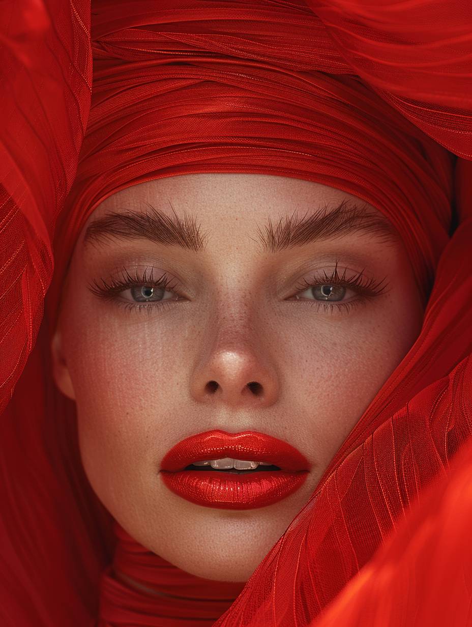 A beautiful woman with her eyes covered in red silk, photographed in the style of fashion photographer Hedi Slimane. The background is an abstract composition made entirely of red fabric. She wears a modern outfit in shades of crimson and scarlet. Her lips have glossy lipstick on them.