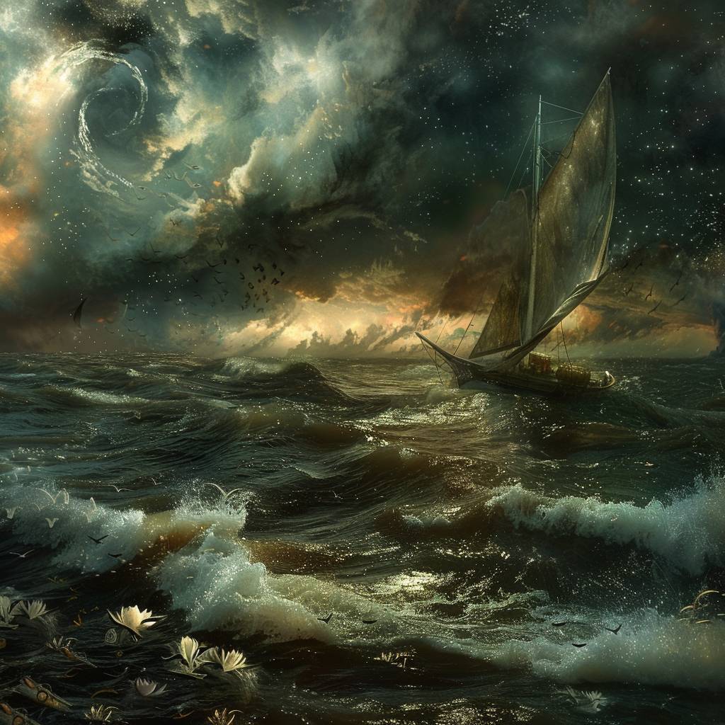 A real photographic landscape painting with incomparable reality, super wide, ominous sky, sailing boat, wooden boat, lotus, huge waves, starry night, Harry Potter, volumetric lighting, clearing, realistic, James Gurney, artstation –ar 9:16 --v 6.0