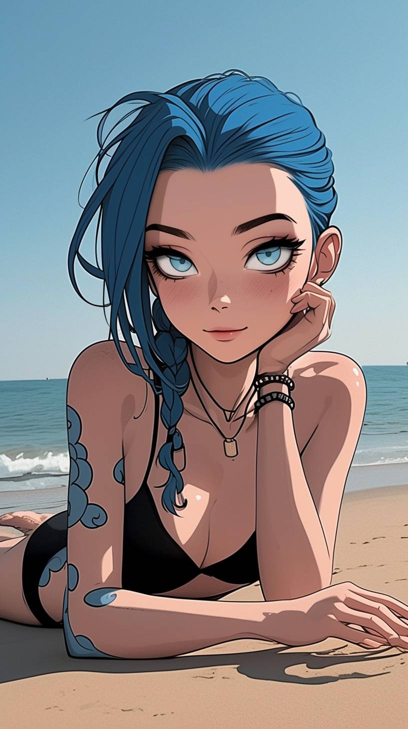 Jinx lying on the beach, in the style of high dynamic range, kawaii art, animated illustrations, daz3d, exotic realism, Dragon Ball, vibrant manga, close-up intensity, Japanese-inspired.
