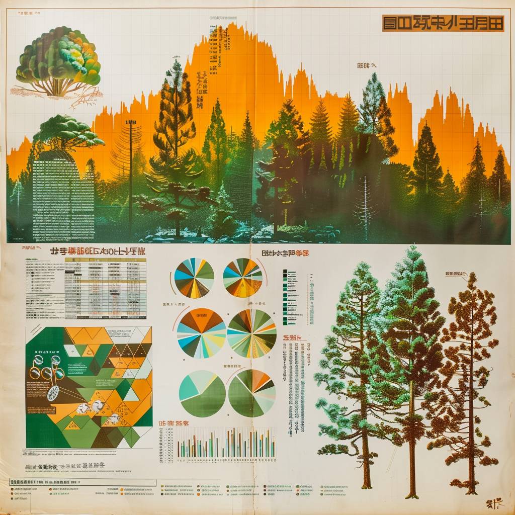Infographic poster design depicting complex reforestation data in 1970s Japan