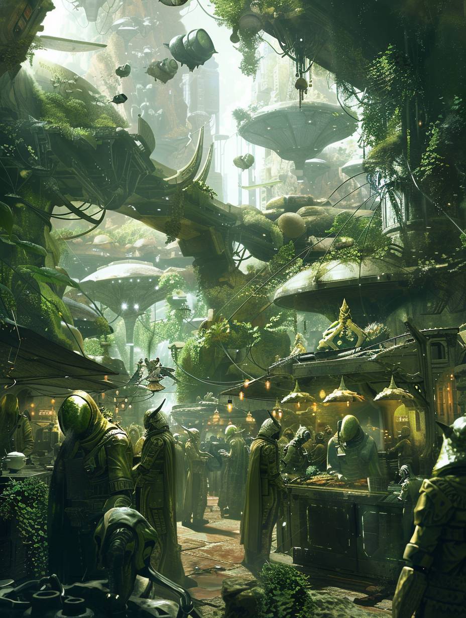 An alien marketplace bustling with extraterrestrial beings of various shapes and sizes, surrounded by exotic plants and hovering drones delivering goods.