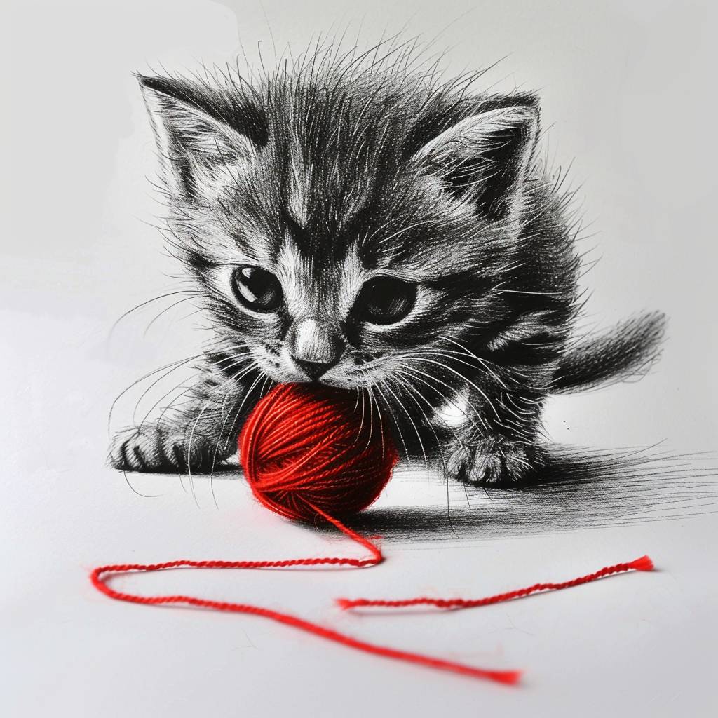 A simple pencil drawing of a small kitten playing with a red yarn ball, on white paper background, minimalistic, simple lines, flat design, high contrast, monochrome, detailed, intricate details, hand drawn, black and grey tones, sharp edges, sharp focus, no blur effect