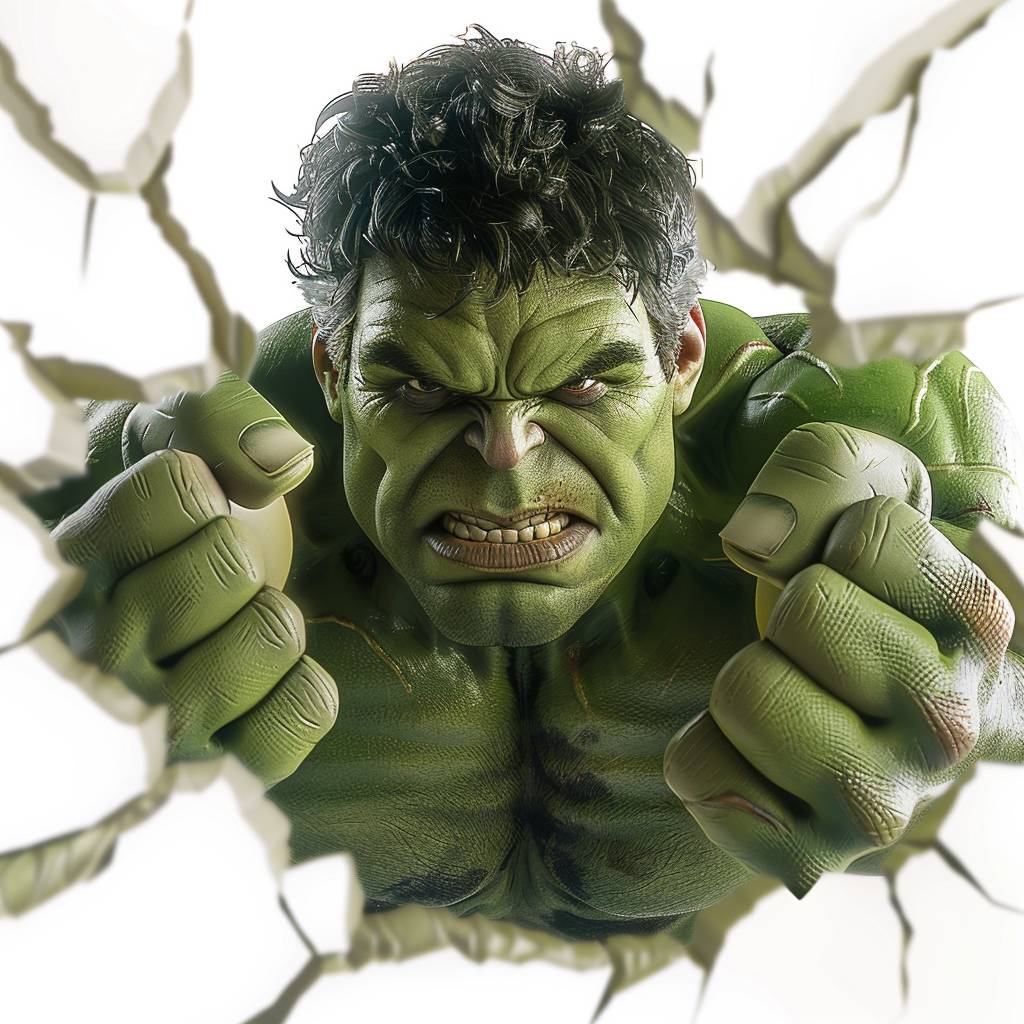 Front view, close-up shot of Hulk breaking through the white wall, looking directly into the camera, with closed fist, funny face expression, hyper-realistic --v 6.0