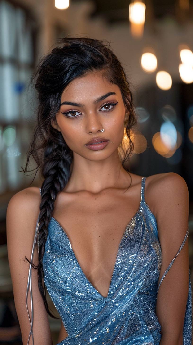 A stunning glamour shot of a ravishing Indian woman at a high street fashion show, she is wearing a gorgeous shimmer blue gown with a slit down the side, her hair is styled in a dutch braid, her eyes are amber coloured, her nose is aquiline and it complements her face structure perfectly, her lips are thin and pursed, her neck is long and slender, her chest is full and perfectly proportional, her abdomen is flat and well structured, her hips are wide which is common in most Indian women, her legs are long and it makes her appear very regal, she is posing on the runway of the fashion show, she is looking directly at the camera, the setting is an indoor one with lots of glitz and glamour, the spotlight is on her, the colour grading of this photo is cinematic, hyper-realism.