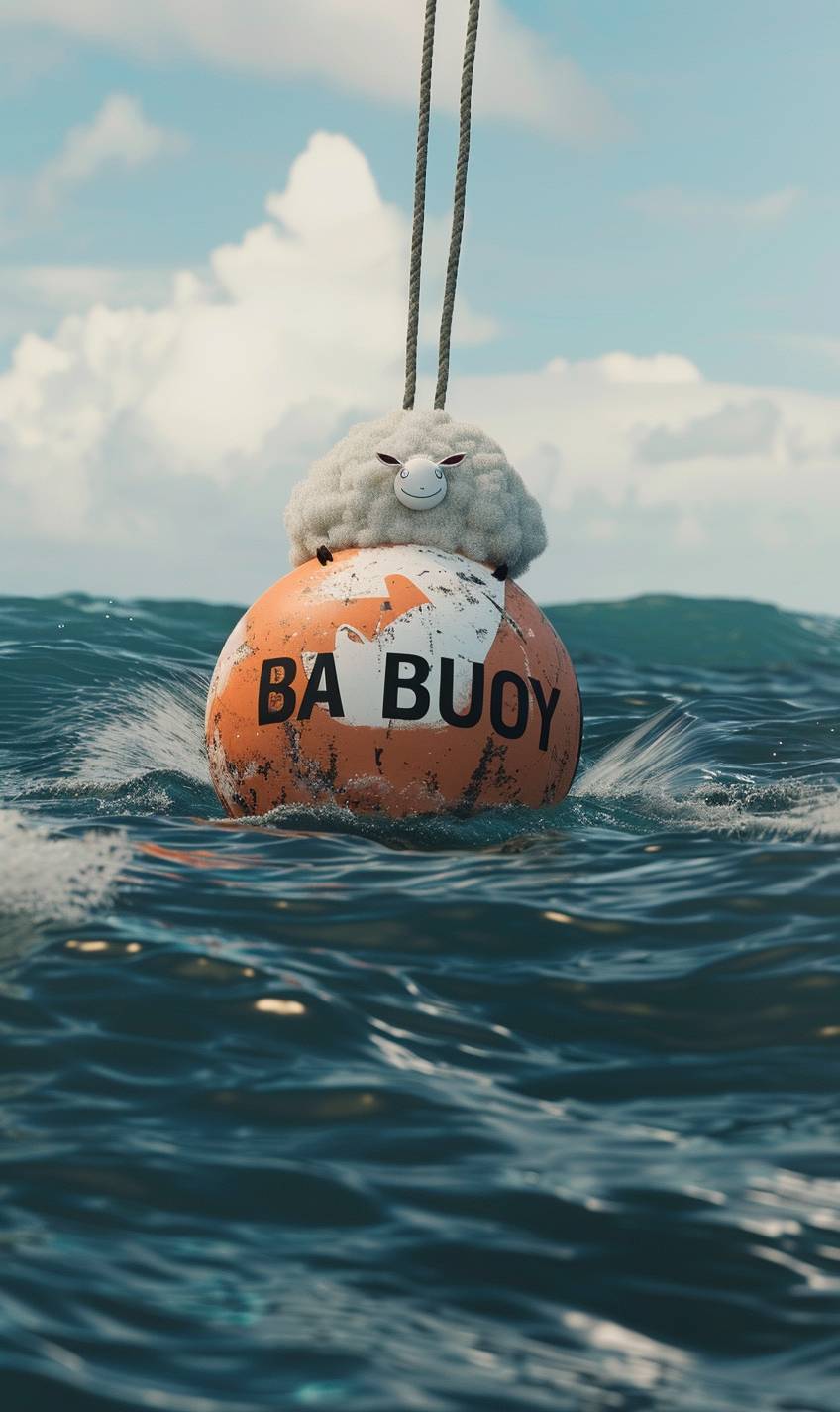 Pixar映画のポスターであり，海の中で羊のように見えるブイが描かれた「BA BA BUOY」というタイトルのテキストが表示されます --ar 3:5 --v 6.0