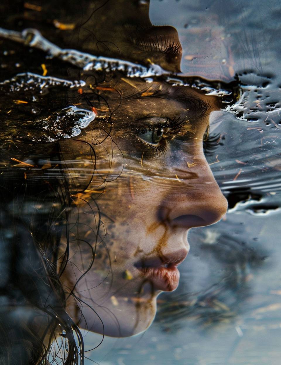 An incredible beautiful woman, as seen in a puddle reflection.