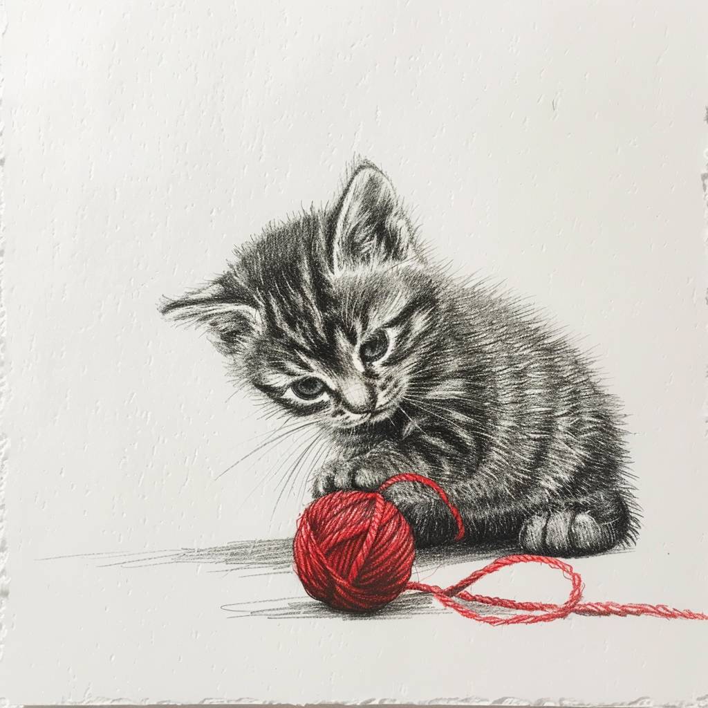 A simple pencil drawing of a small kitten playing with a red yarn ball, on white paper background, minimalistic, simple lines, flat design, high contrast, monochrome, detailed, intricate details, hand drawn, black and grey tones, sharp edges, sharp focus, no blur effect