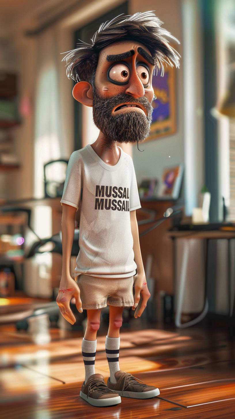 A caricature of a sad man wearing a white t-shirt, beige shorts and mismatched socks with exaggerated facial expressions, 'musesai' text in 3D Pixar style, office background, highly detailed.