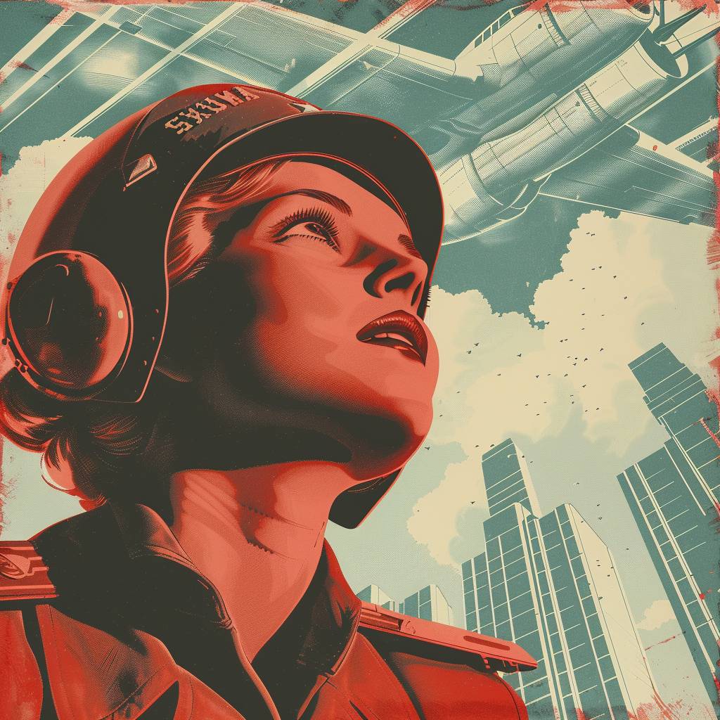 1930s brutalist propaganda poster in duotone colors