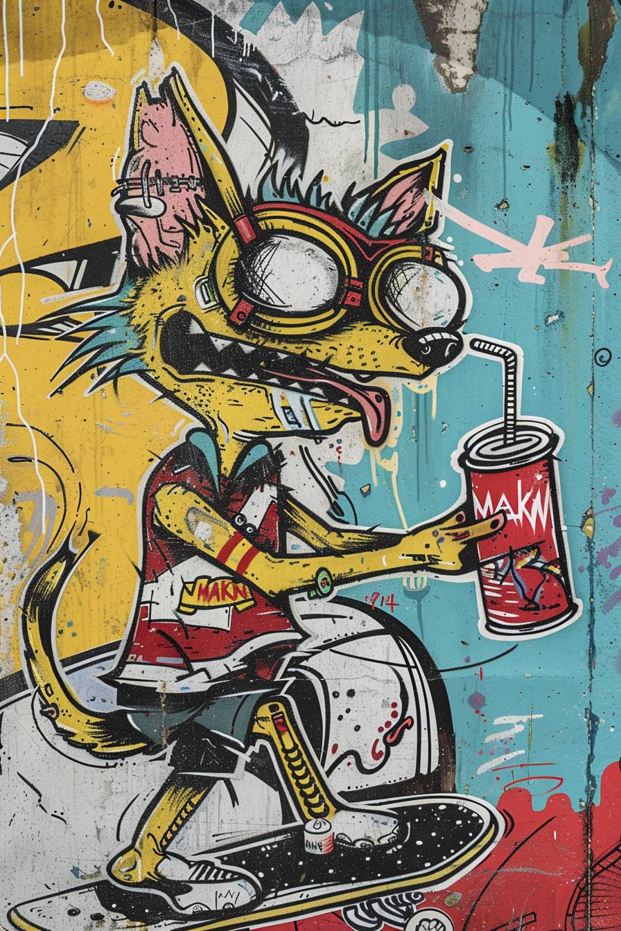 An old school American tattoo design featuring an anthropomorphic punk rock dog character skateboarding in an outdoor skate park while drinking from a soda can with a straw, in the style of Kenny Scharf, urban landscape, Stephen Ormandy, grotesque caricatures, punk rock, goth, surreal symbolism, Steve Sack, Salvador Dali, Surreal, Street art, graffiti, bright sunny day, 'MAKN' script calligraphy in the sky