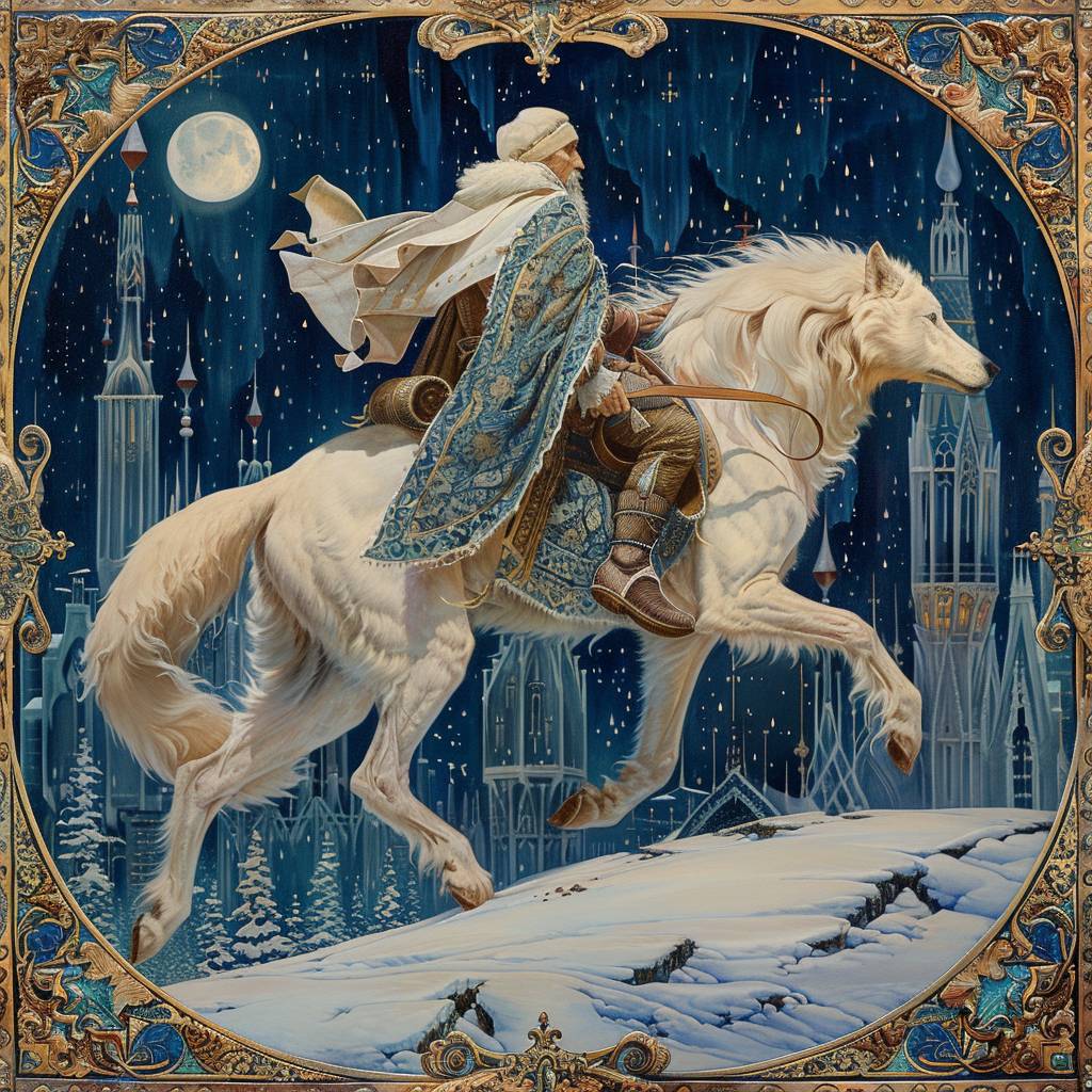 Ivan Bilibin's painting depicting lord of winter riding white wolf --stylize 275 --v 6.0