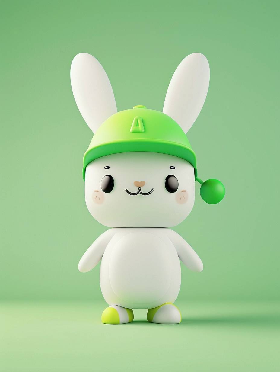 シンプルなスタイルでグリーンを着た可愛い白ウサギ。丸い目と耳がはみ出した可愛いウサギのカートゥーンキャラクターデザインの3Dレンダリング。一色背景のフルボディポートレート。頭に緑の帽子を被り、かわいい笑顔と幸せな表情を浮かべています。可愛いキャラクターデザインとモデル。