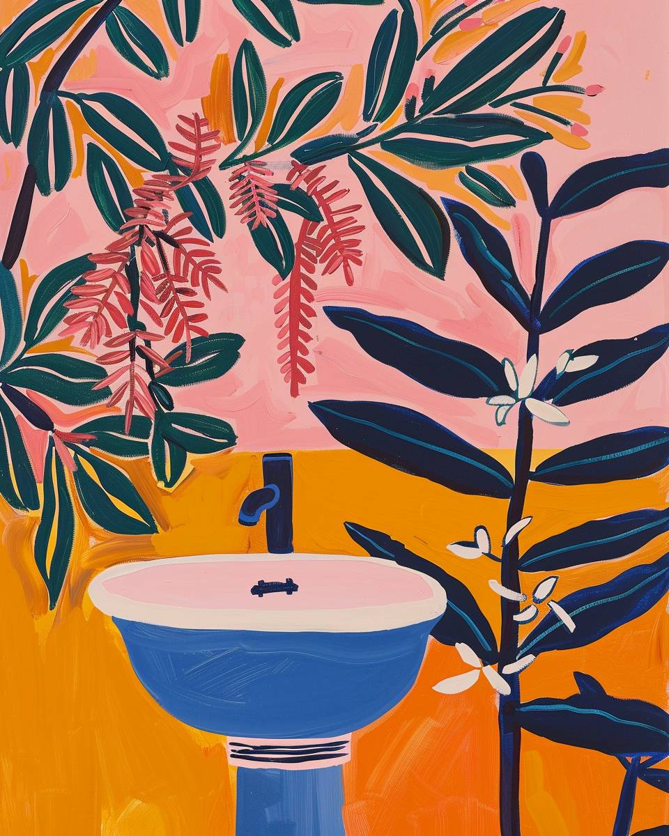 Matisse inspired painting, plants and flowers growing from a round pedestal bathroom sink, leaves, plants, pink preppy colors