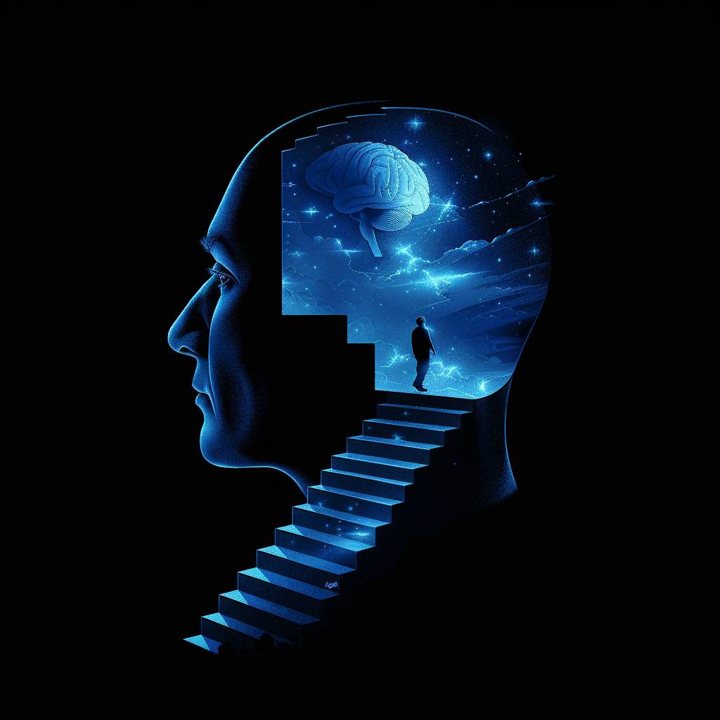 Create a digital artwork featuring a sculptural silhouette of an old man's head with an open mind revealing stairs inside. A lone figure is seen ascending the stairs, symbolizing personal growth. The scene is set against a stark black background with minimalistic design elements. Illuminate the piece with blue-white gradient lighting for a surreal effect. Ensure the artwork is in sharp focus, with a surreal, ethereal atmosphere.