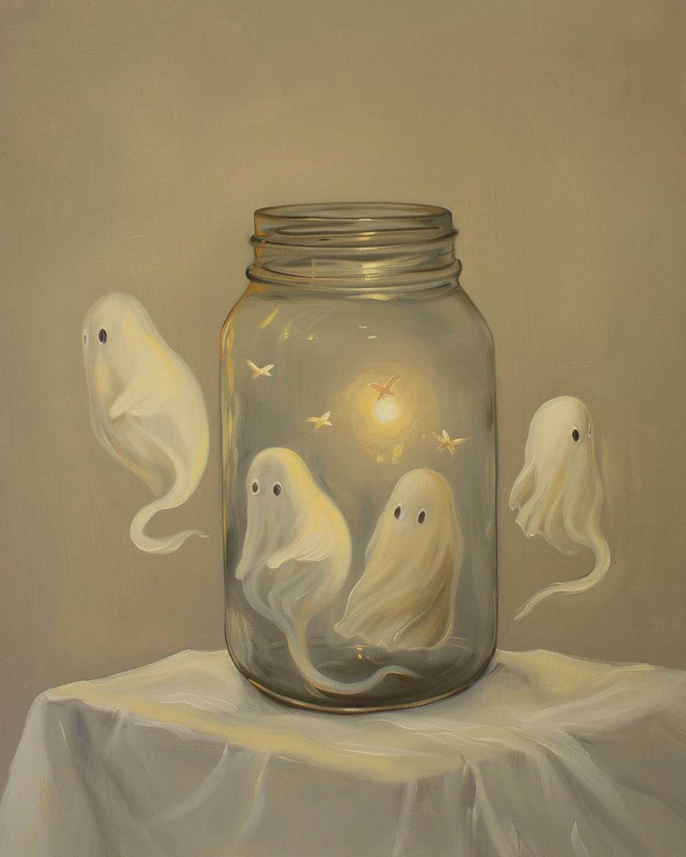 Minimalist oil painting fantasy style classic Victorian style oil painting of a clear jar with 3 cute white ghosts floating in the clear mason jar. There are glowing fireflies in the jar with the glowing white cute ghosts. Light beige background. Vintage American painting style. Minimalist.