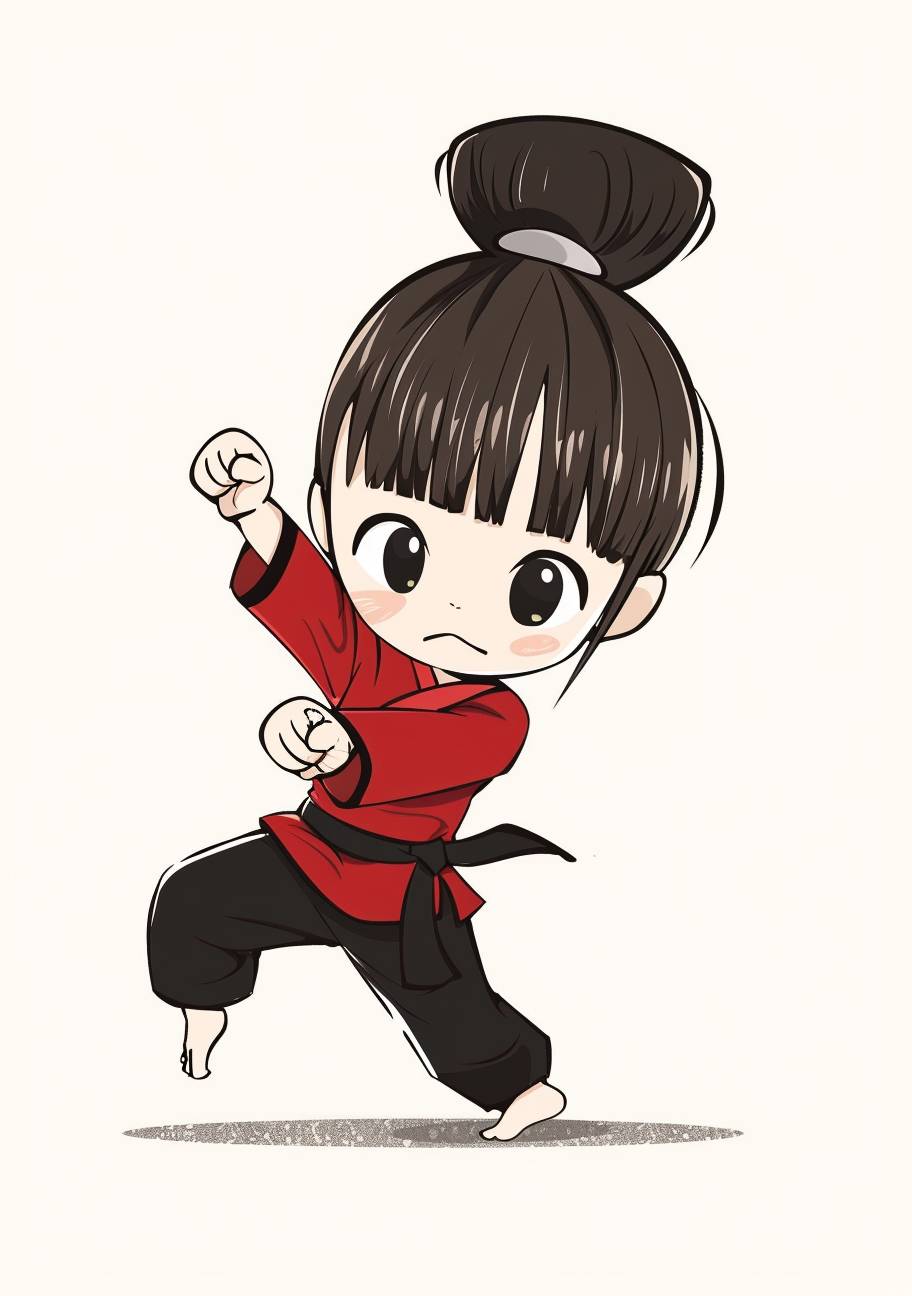 A cute little girl doing karate in a simple chibi style drawing with a simple flat color background. A full-bodied, side-view cartoon character design with detailed facial features drawn in high resolution. The cute and dreamy Asian female character uses solid lines. Her cute cartoon avatar has an updo bun in the middle of her head, wearing a red shirt and black pants in a jumping kick pose. It is a high-quality, high-detail drawing with solid colors, simple line art, and solid coloring. The background is white paper with high definition.