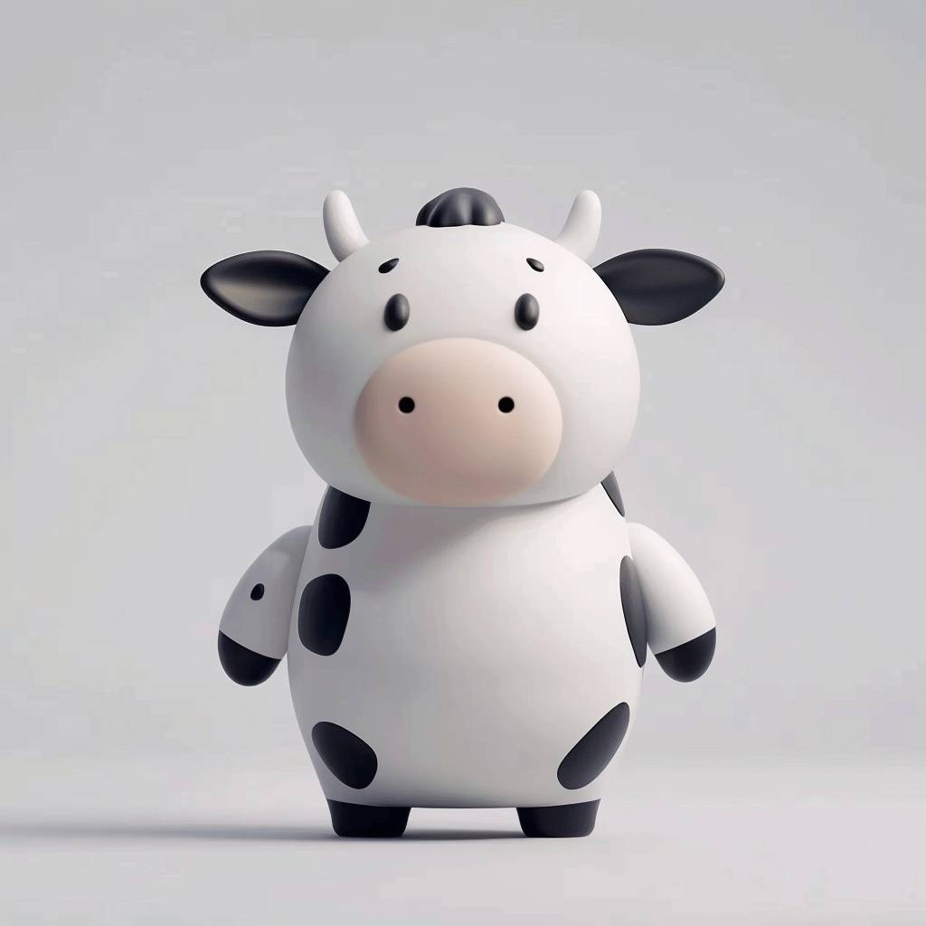 Cute, fluffy, cow's belly, exaggerated movements, 3D figures, white background, a little fluffy, elongated shapes, cartoon style, minimalist