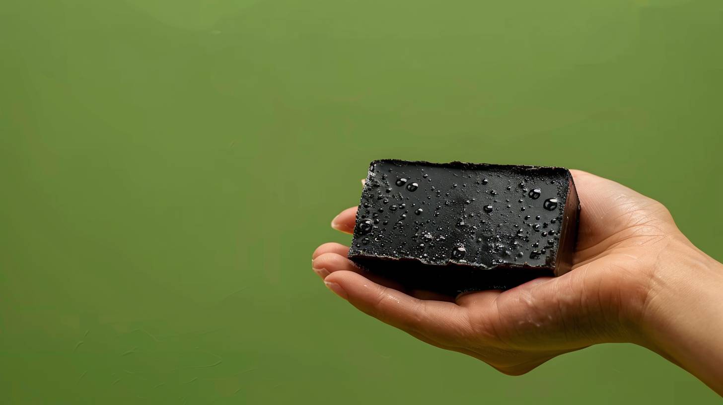 Close-up of a Malaysian hand holding black bar soap against a green background, with copy space in a banner format. This is a stock photo contest winner, commercial photography with studio lighting, high resolution, and high detail.