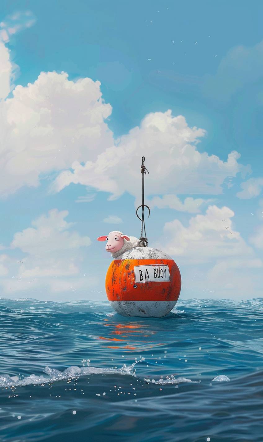 A Pixar movie poster called 'BA BA BUOY' which shows a buoy in the ocean that looks like a sheep, text title --ar 3:5 --v 6.0