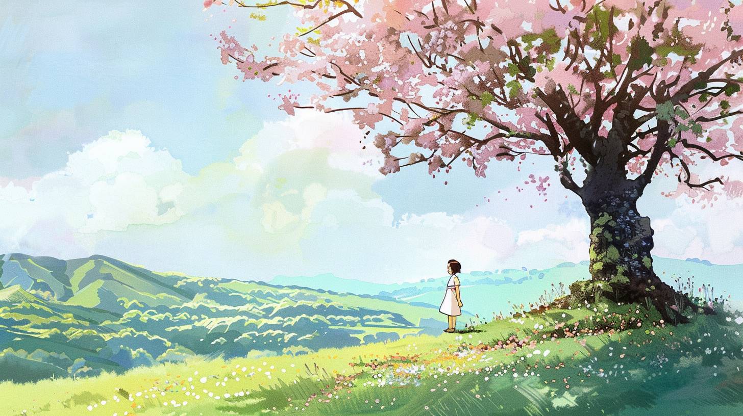手描きアニメーションの原画、タイムシート、桜の木の下の美少女、起伏のある丘、日差し、ネガティブスペース、作画アニメーションセル --ar 16:9 --style raw --stylize 50 --v 6.0