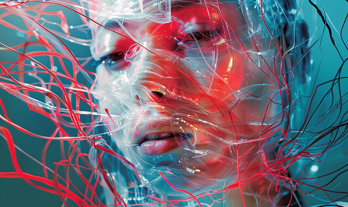 Tim Walker's haute-couture frontal portrait of a clear white ethereal android with translucent skin drowning in a sea of wires. Red and cyan hues, glowing highlights, dark shadows.