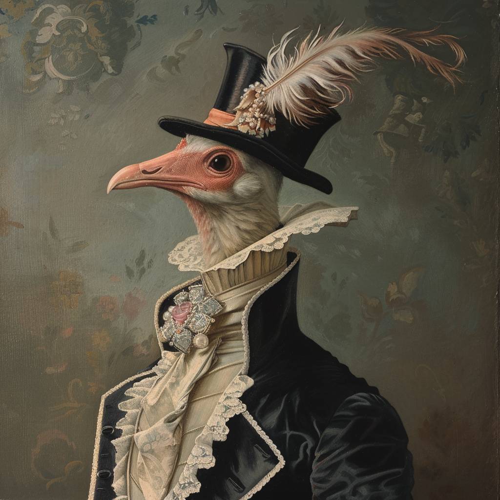 anthropomorphic bird wearing posh 19th century costume