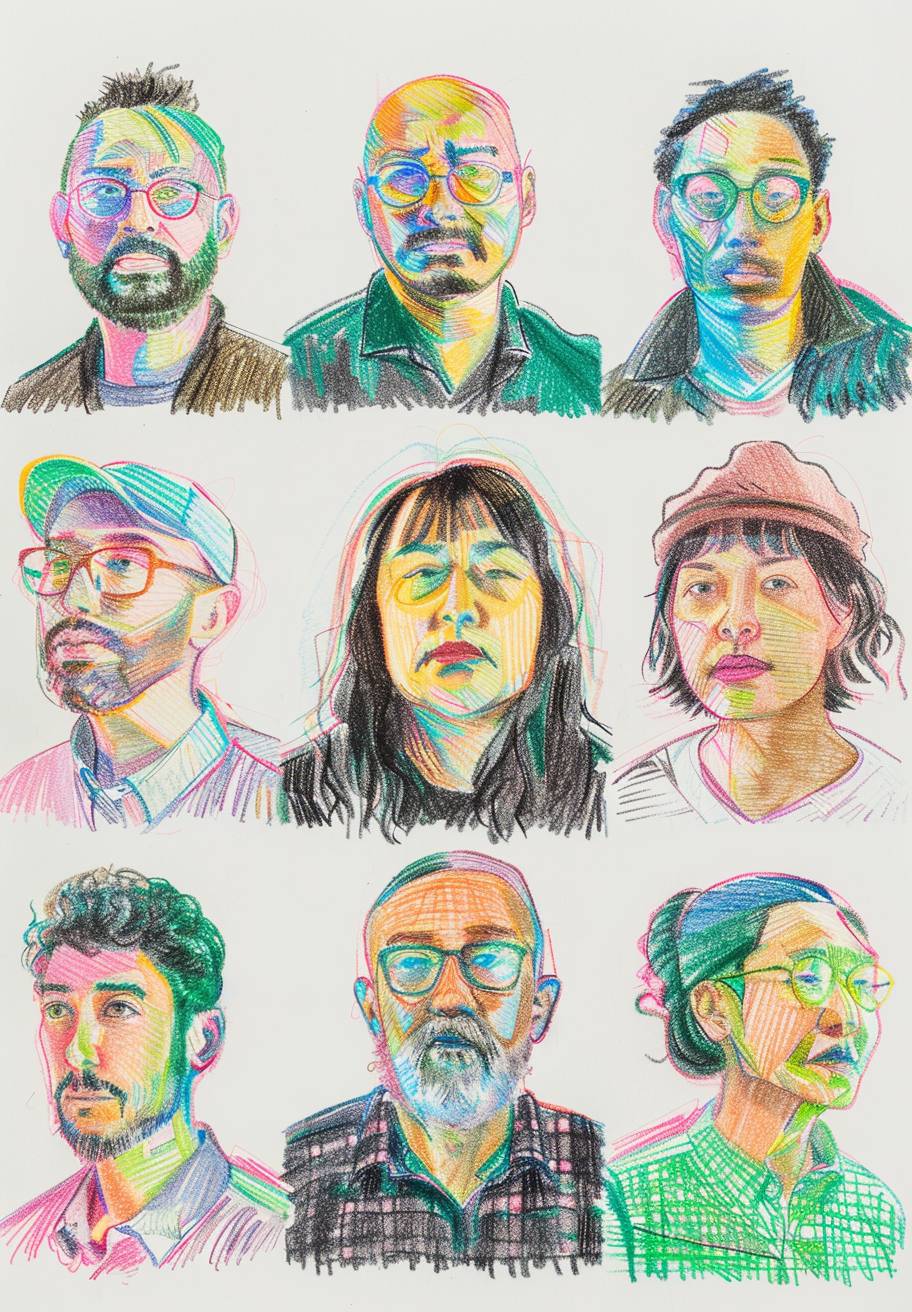 A drawing of nine small square portrait headshots drawn in colored pencil in the style of a professionally trained artist who is doodling faces of people they see in public. The portraits feature people from different ages and ethnicities. Each portrait is colored with risograph-style colors of pink, green, blue, yellow. Each person has their own unique facial expression or pose. Some have short hair while others have long hair. One man wears glasses. All faces look directly at the camera against a white background.