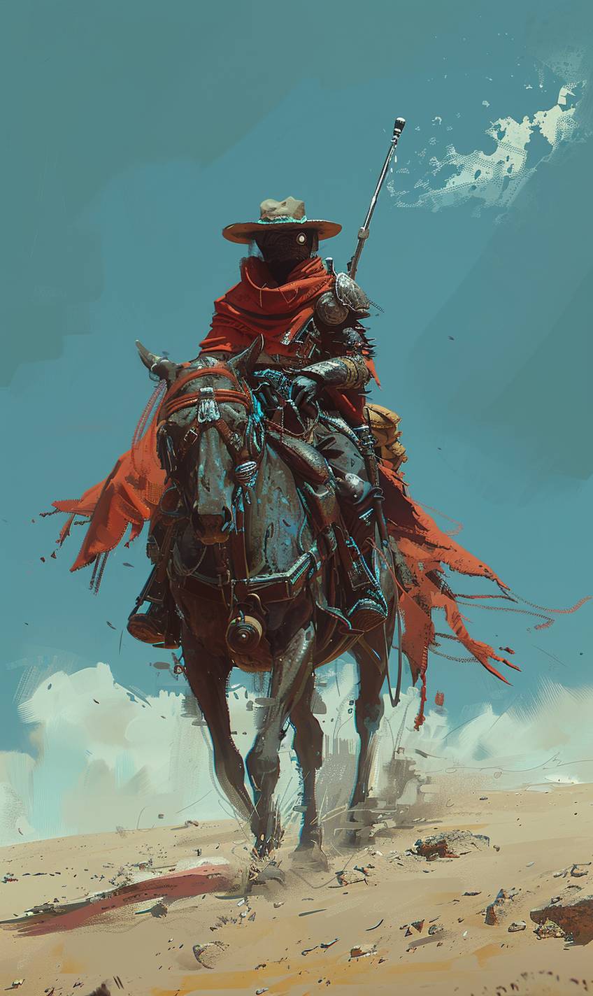 Western punk character riding through lonely wasteland by Jama Jurabaev