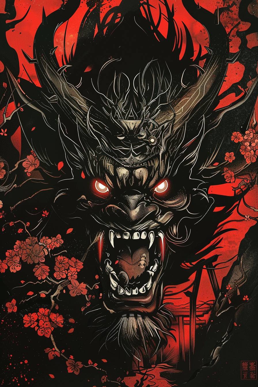 Oni portrait, fierce expression with glowing eyes and sharp fangs, intricate horned headpiece, dark and ominous background with hints of Japanese motifs like torii gates and cherry blossoms, main colors are deep red and black, menacing and powerful atmosphere, detailed features, high contrast, illustration style.