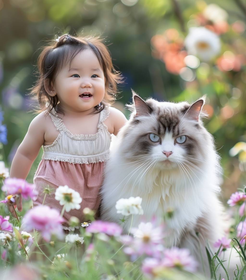 An adorable cute Asian baby wearing a short skirt, standing next to a huge longhaired fat Ragdoll cat with green eyes. The background is a beautiful garden full of flowers. It was shot in high definition using Canon EOS R5 cameras.