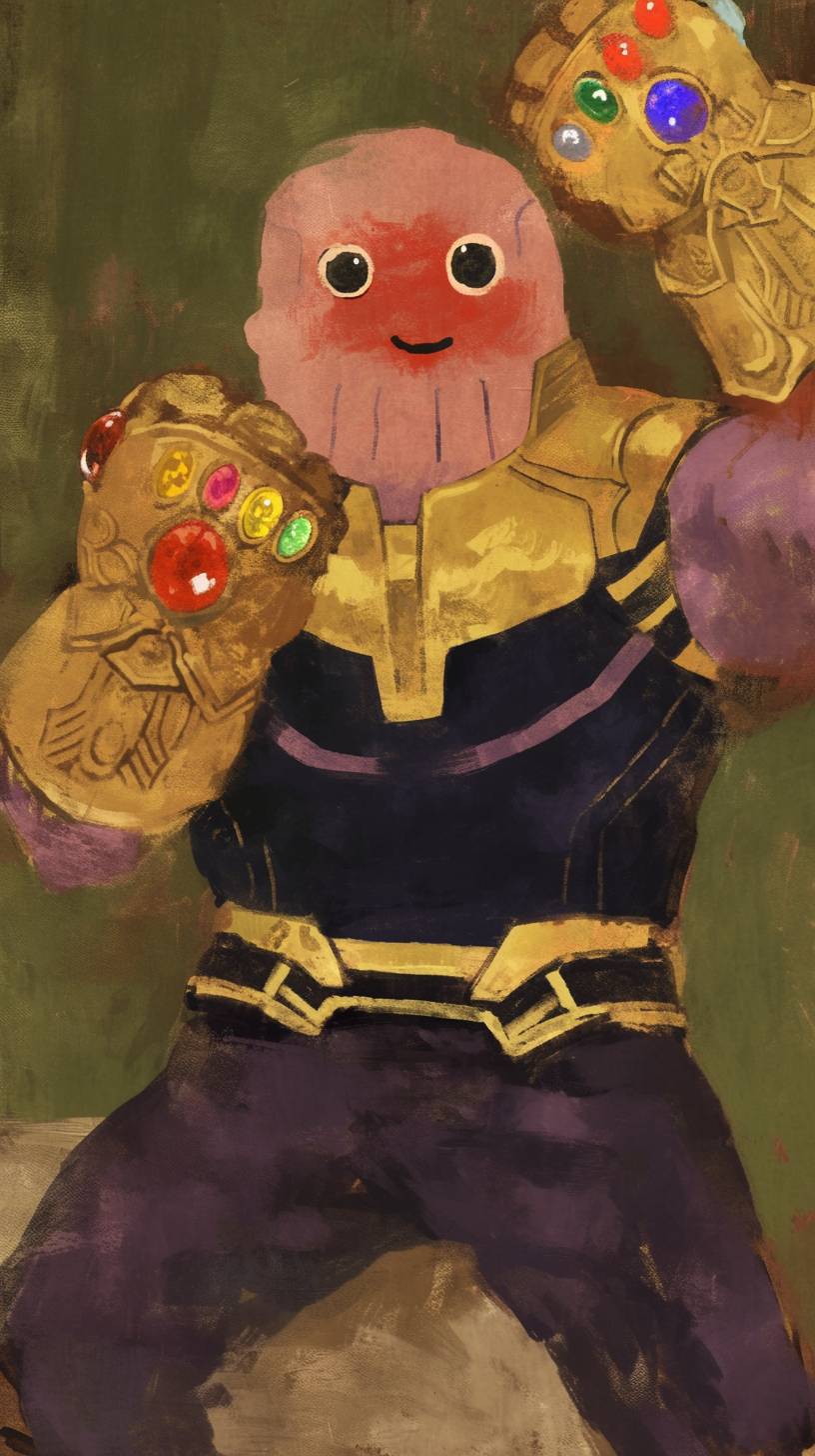 A cartoon of Thanos drawn in the style of Kenny Scharf, grotesque caricatures --ar 9:16 --style raw --sref 3154827656 --niji 6