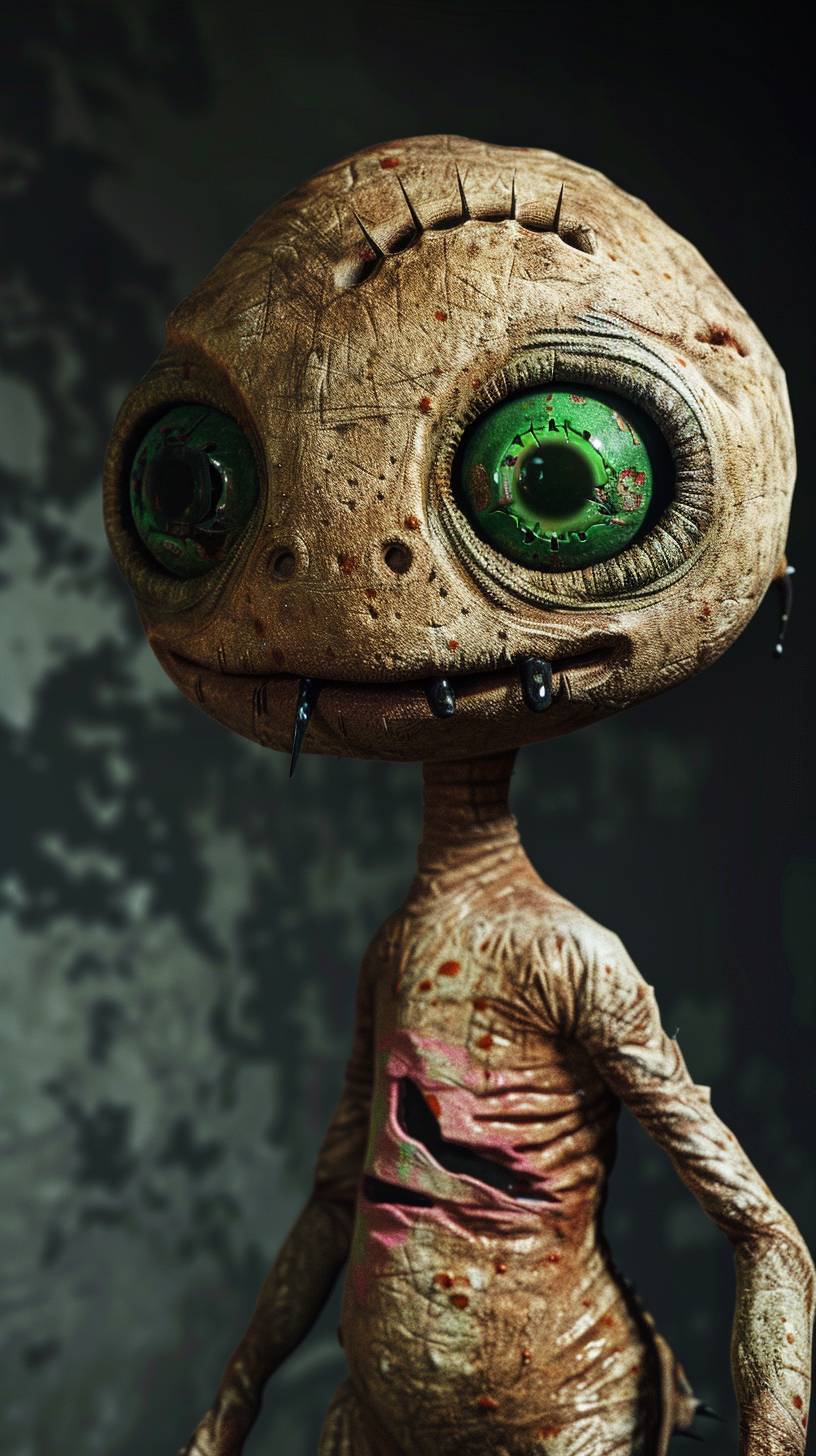 Photo, 4K realism, SCP-173 monster appearance, adorable monster with green eyes on dark background, cute and creepy, head is round like a doll's face, arms and legs are long, skin color is similar to sand in desert area. He has evil-looking pink paint on one eye.