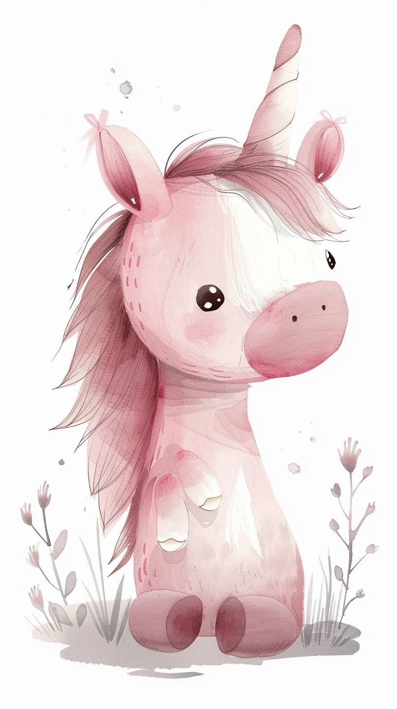 A cute pink unicorn clipart, organic forms, in the style of Jon Klassen, desaturated light and airy pastel color palette, nursery art, white background