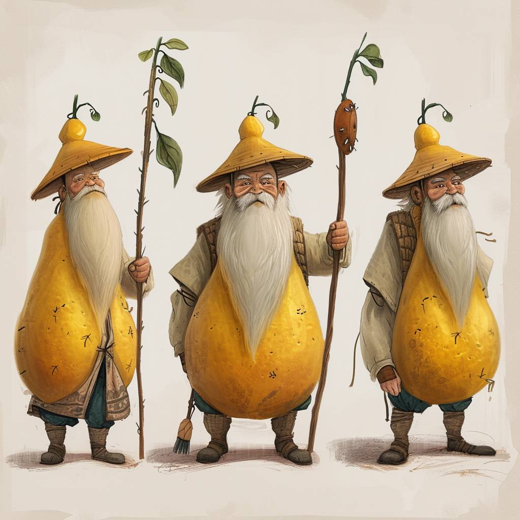 Grandpa Yuxiang's IP, a hat made of pomelo skin, a cartoon with a round pomelo body, long eyebrows and beard, carrying a hoe ready to go out into the field. Draw left, front, and back views respectively, --quality 0.5 --v 6.0