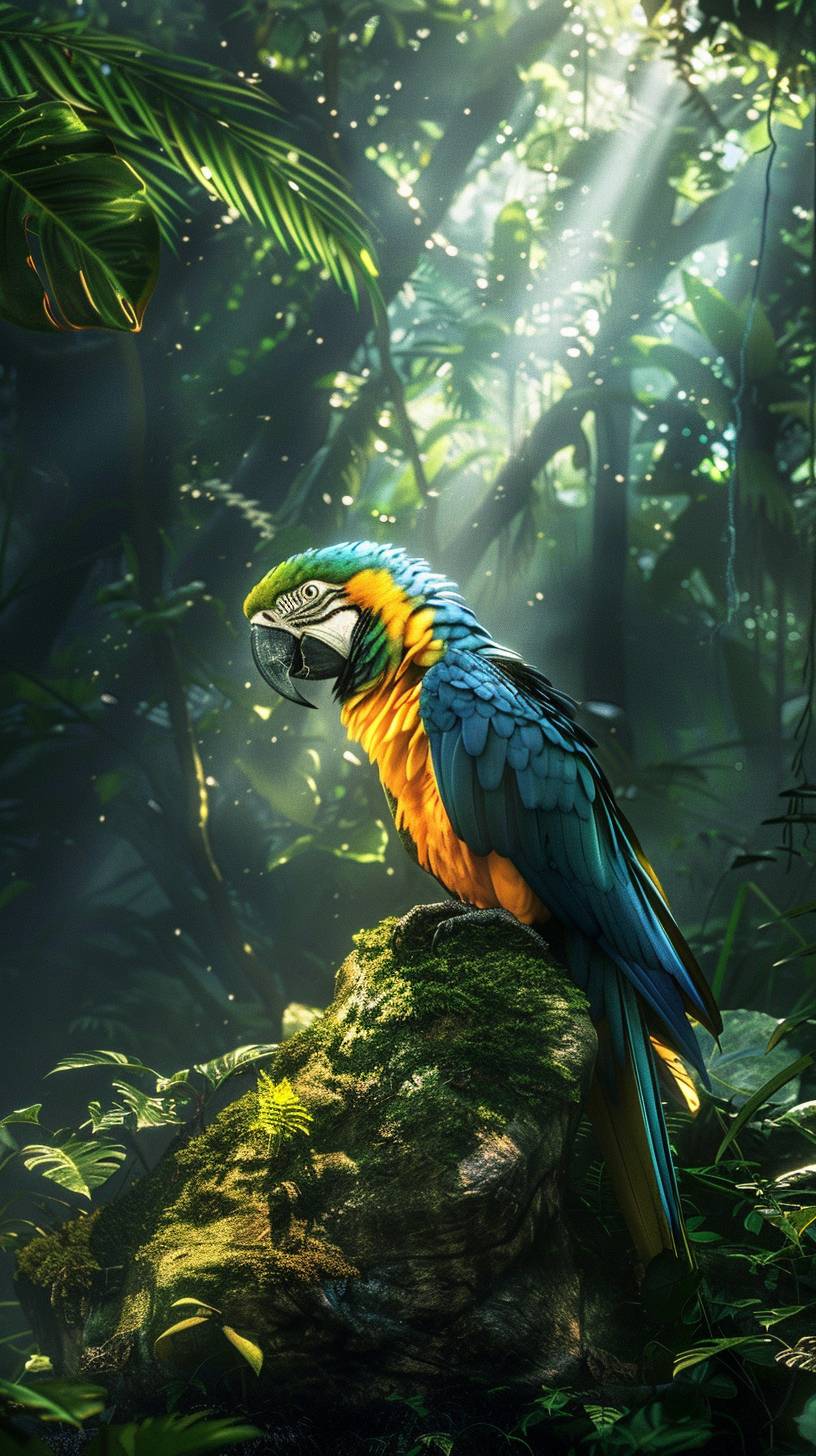 Create a dark, moody-style 3D wallpaper featuring a colorful parrot sitting on a moss-covered rock in a jungle environment. The parrot should have a blue base color with a few yellow feathers like a macaw parrot. Ensure the parrot is detailed, vibrant, and sharply in focus, with sunlight filtering through the jungle canopy from above, illuminating the scene. The background should be filled with lush jungle foliage, adding depth and atmosphere to the moody aesthetic. The image should be suitable for a vertical wallpaper in a 9:16 aspect ratio.