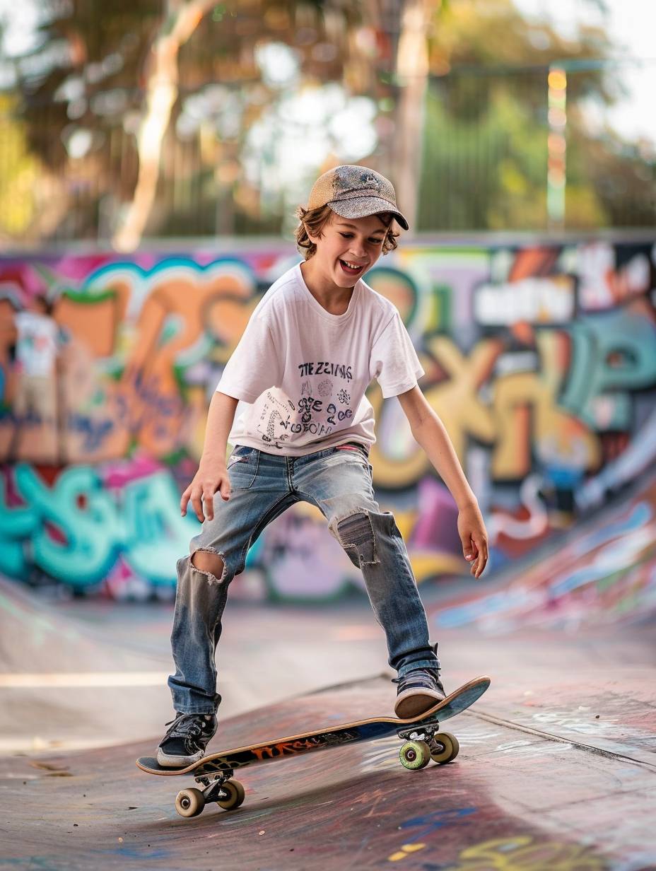 A teenage boy with a mischievous grin, wearing a baseball cap and ripped jeans, skateboarding in a graffiti-covered skate park.