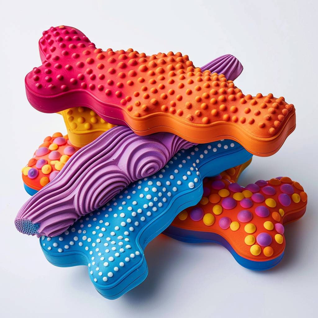 Ribbed and dotted texture rubber dog chew toys created by Michael Craig-Martin