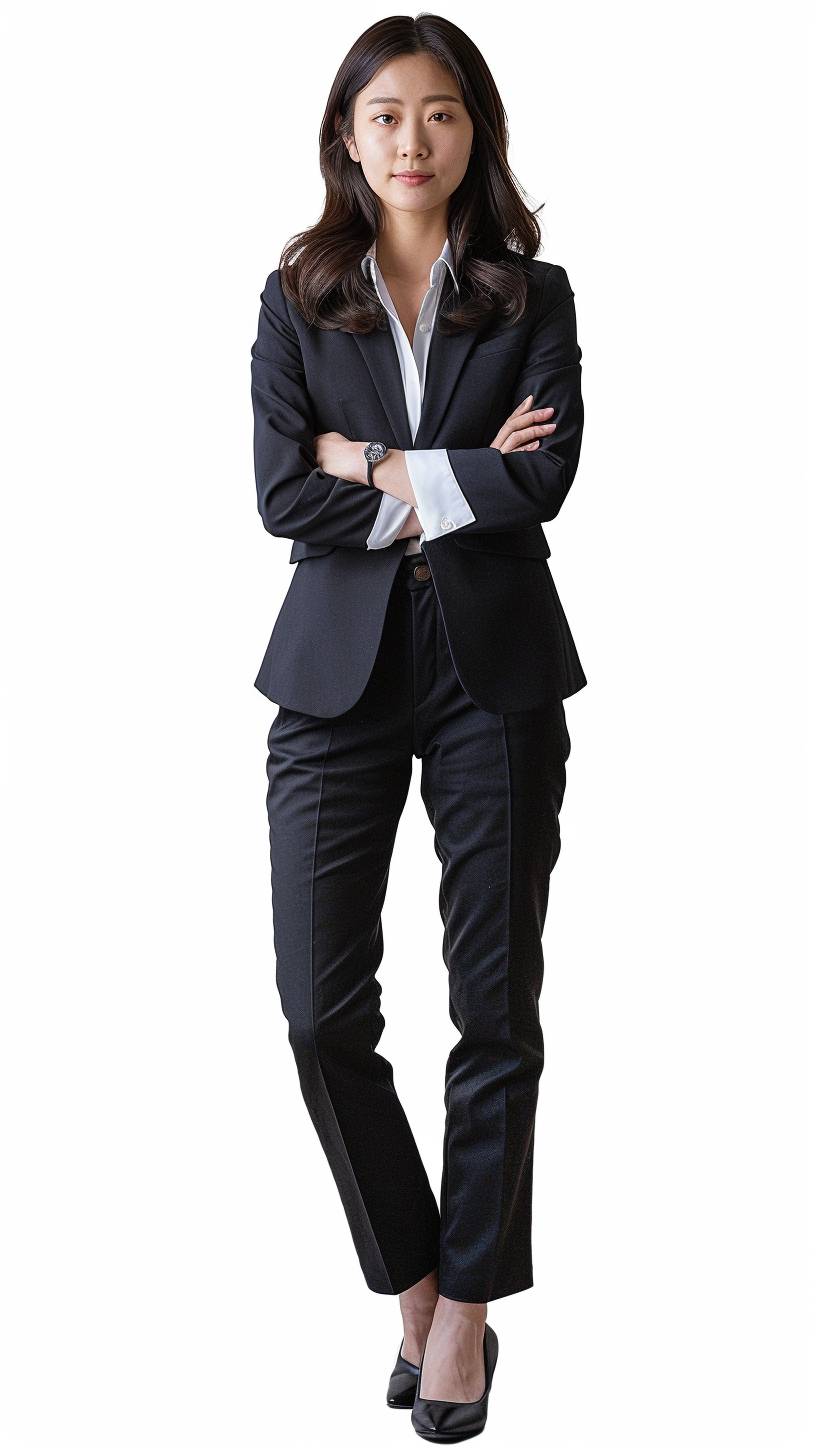 A young Asian female teacher in a suit, standing in a front pose, on a white background, elegant and super realistic