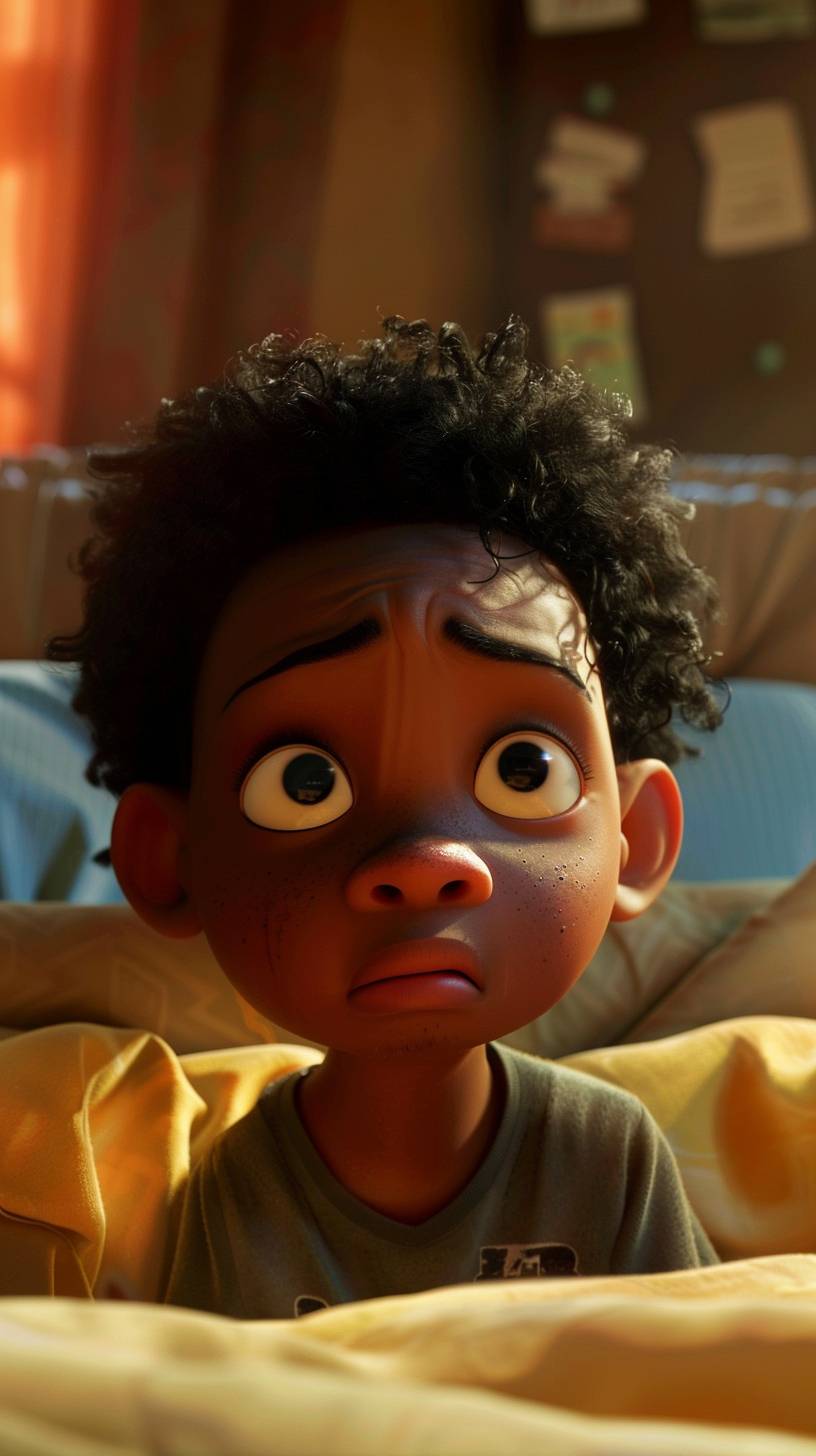 A flashback scene of the young black father in Pixar as a child looking lonely. IMAX.