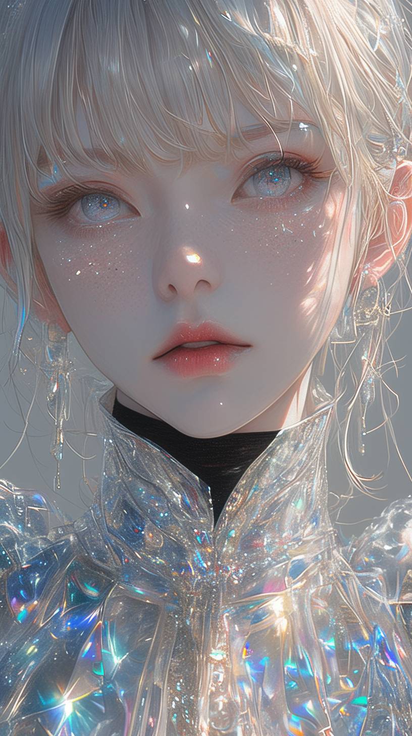 Front view, Beautiful and cool 20-year-old girl wearing super fashionable iridescent blue and golden suit, midrange portrait, heart to heart movements, bright and simple surreal background, surreal character, fair face, author: Hajime Sorayama, Tetsuo Hara, Yuki Kamei, Makoto Shinkai, Studio Ghibli, Nikon D850, 32K