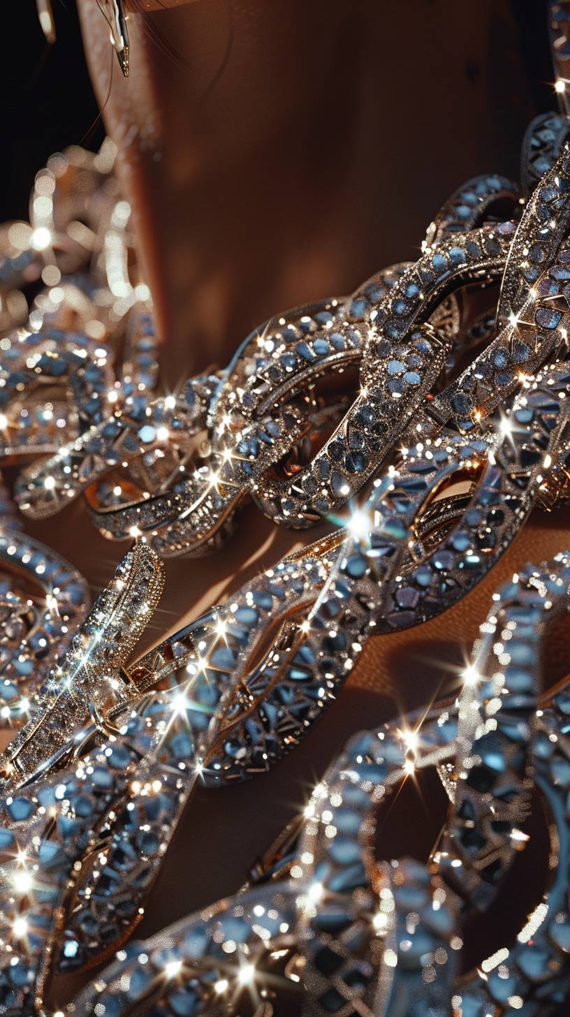 A close up of the shoulder and arm with lots of diamond chains around it, in the style of David LaChapelle, a magazine advertisement of a woman's body covered in diamonds, shiny, closeup intensity, in the style of David LaChapelle, in the shape of an hourglass, closeup, hyper realistic, detailed, realism, masterpiece, high resolution, full HD.