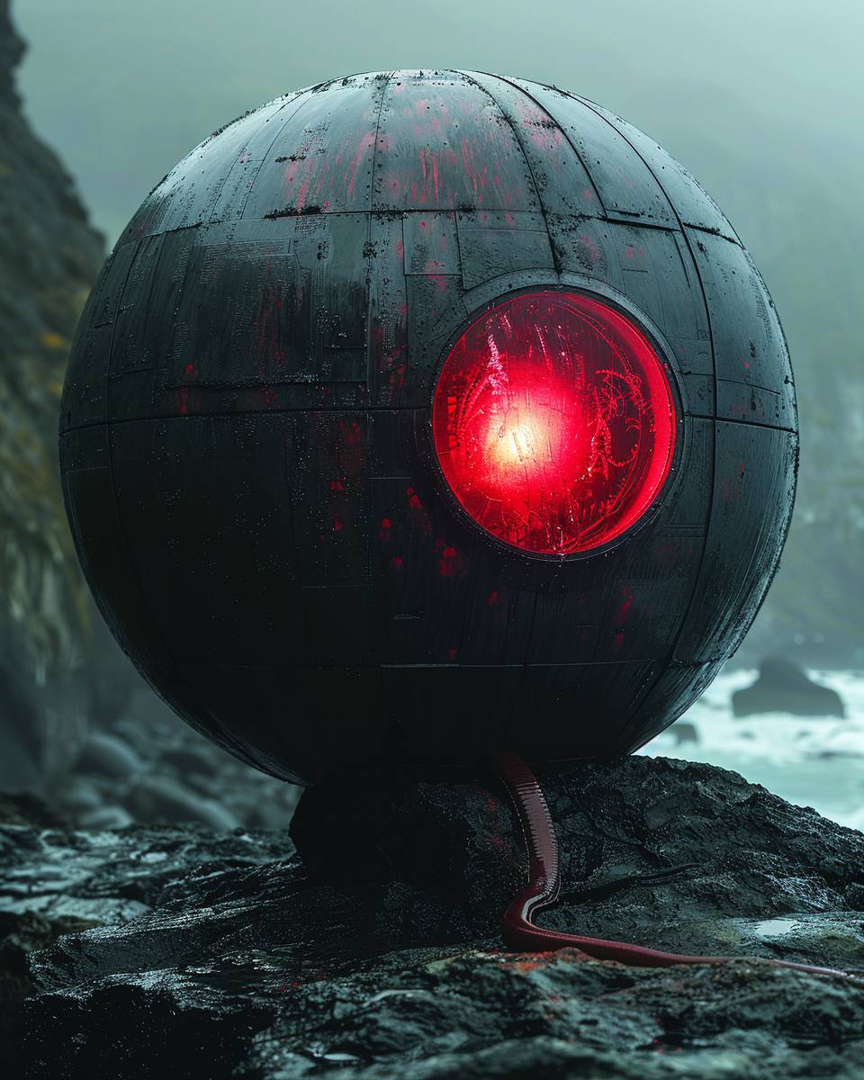 The cover art of rood magazine features a sphere, a worm, and a glowing red light, in the style of conceptual portraiture, made of rubber, futuristic robots, Elina Karimova, light black, technology-based art, oversized objects