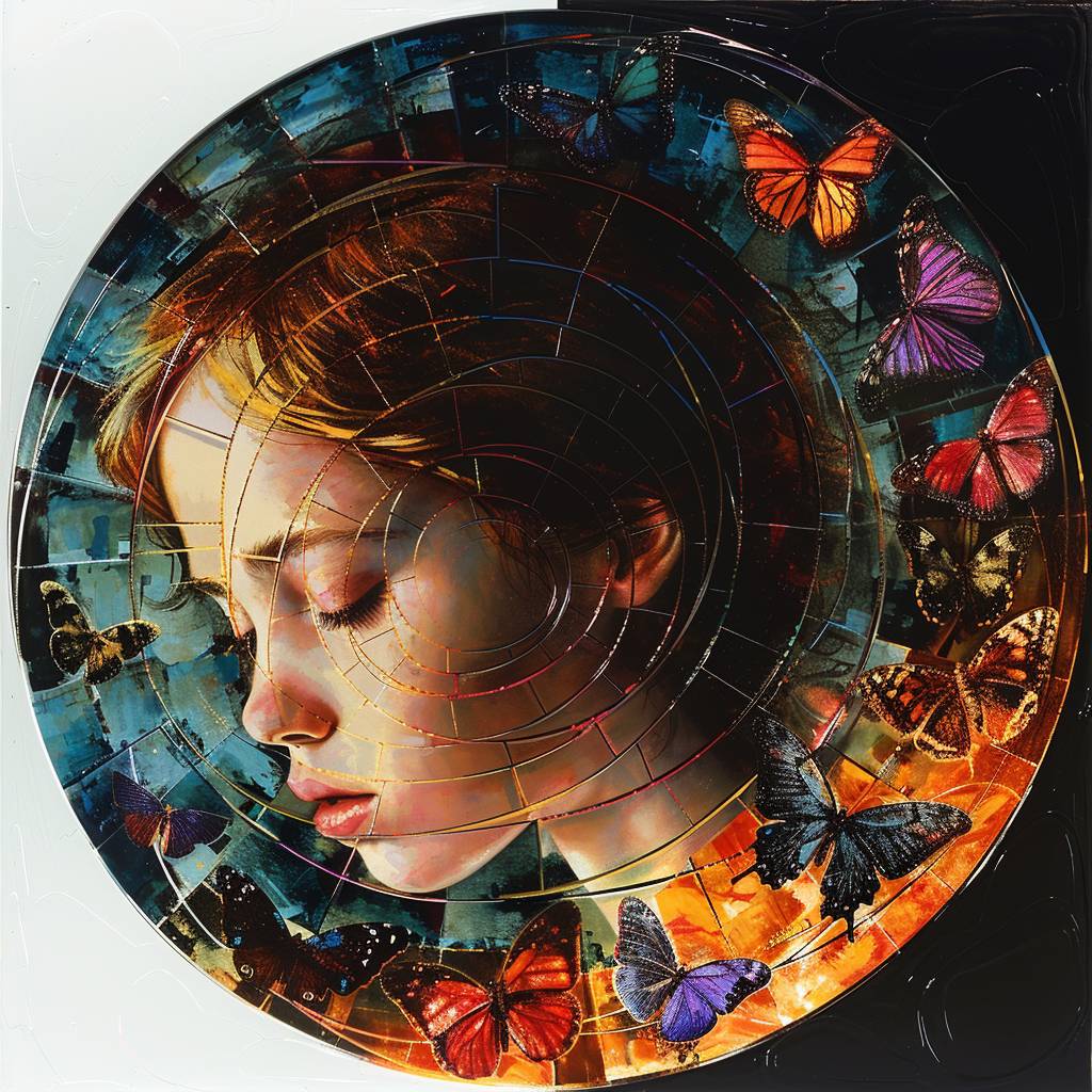 円形のクリスタルアートピース、カラフルな蝶々を身にまとった少女、絶妙な色彩と質感、フィボナッチの螺旋の中にある、黄金比、明るい色彩、明暗法、負の空間