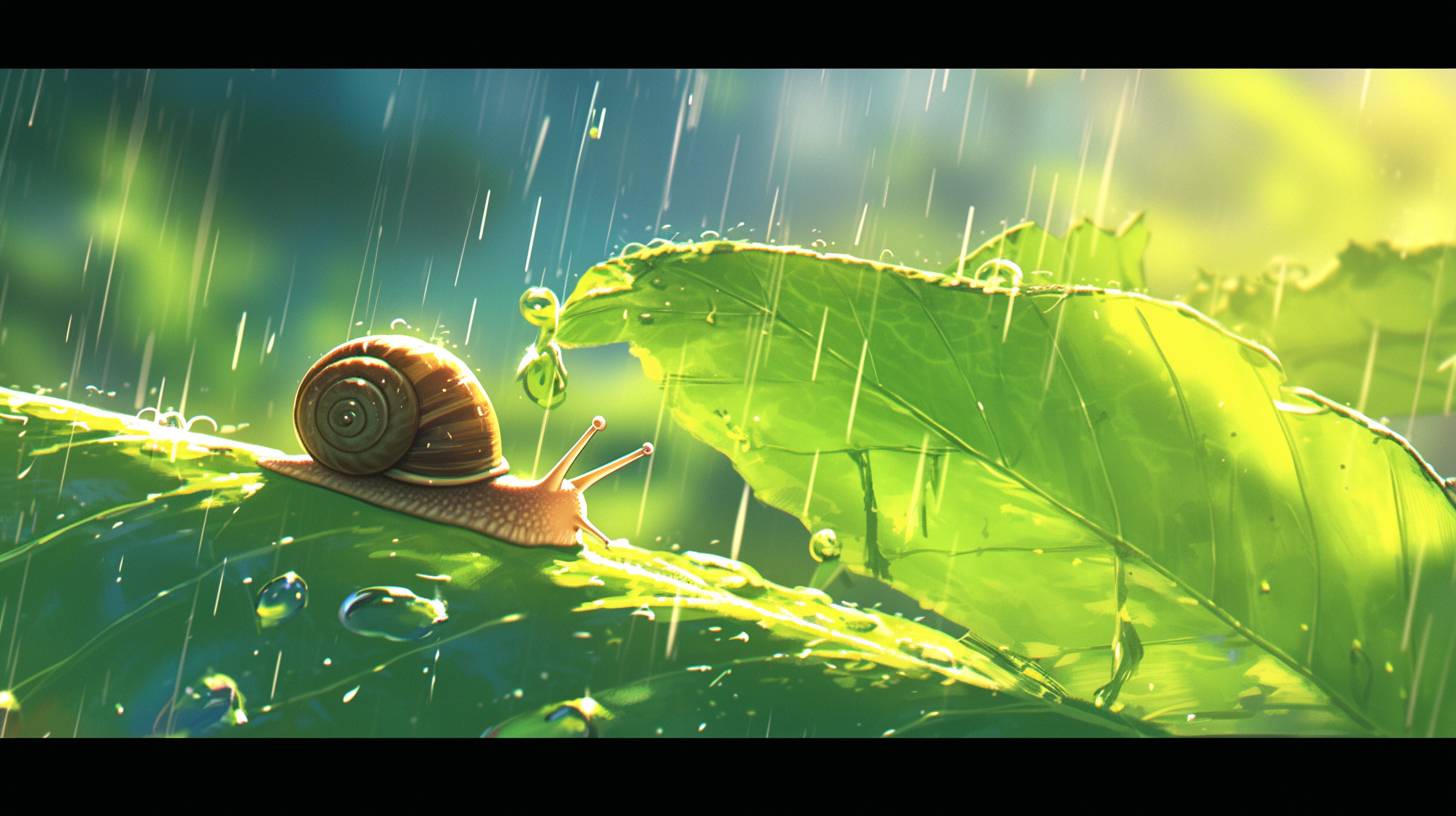 An intense close-up of a snail moving along a wet leaf, the trail of moisture glistening behind it, focusing on the texture of its shell and the leaf’s surface, heavy with rain, in the style of Makoto Shinkai
