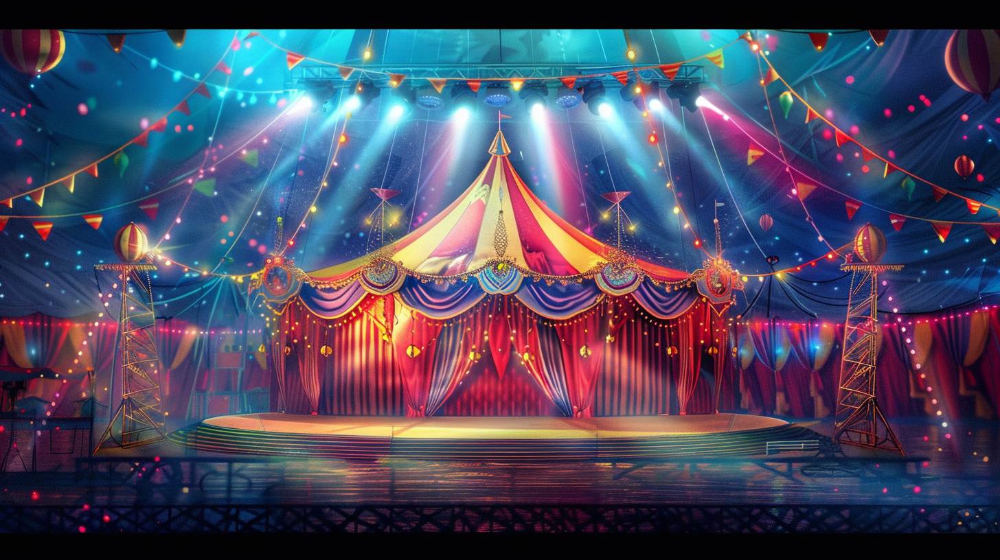 Circus stage, high quality, colorful colors, lighting, spotlights, promotional photos, illustration style, Japanese animation style